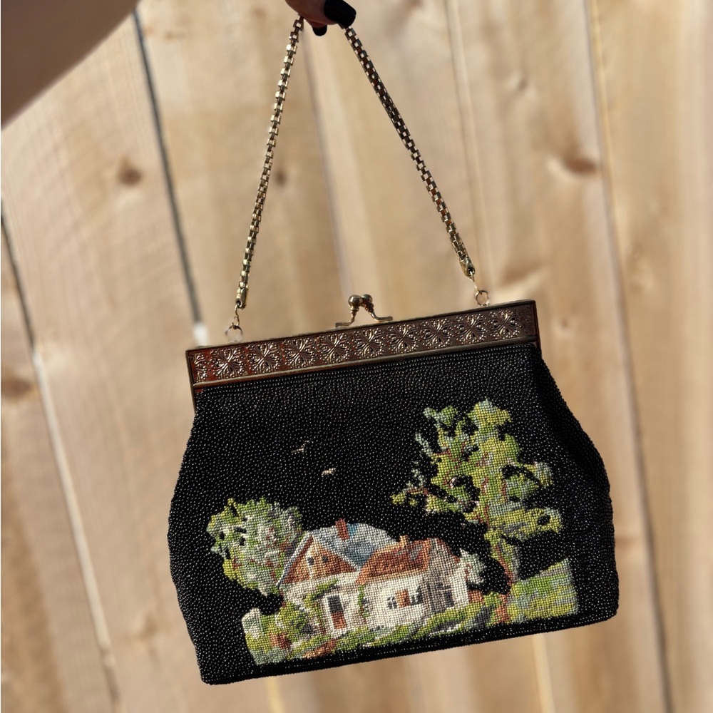 Vintage Beaded Handbag with Scenic Design